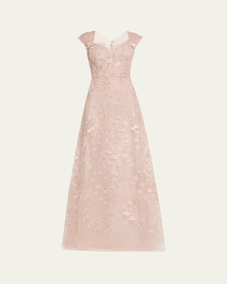 Floral-Embroidered Tulle Gown